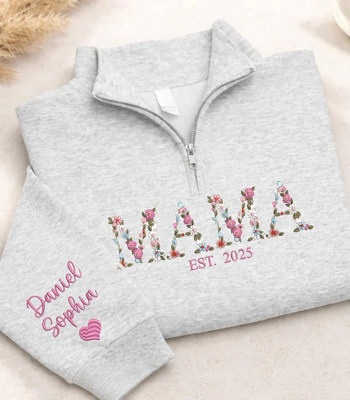 Embroidered Floral Mama Quarter Zip Sweatshirt with Names on Sleeve | Mother&