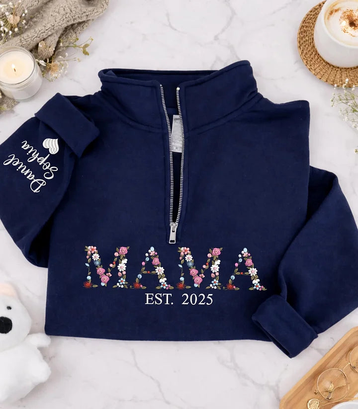 Embroidered Floral Mama Quarter Zip Sweatshirt with Names on Sleeve | Mother&