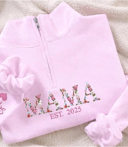 Embroidered Floral Mama Quarter Zip Sweatshirt with Names on Sleeve | Mother&