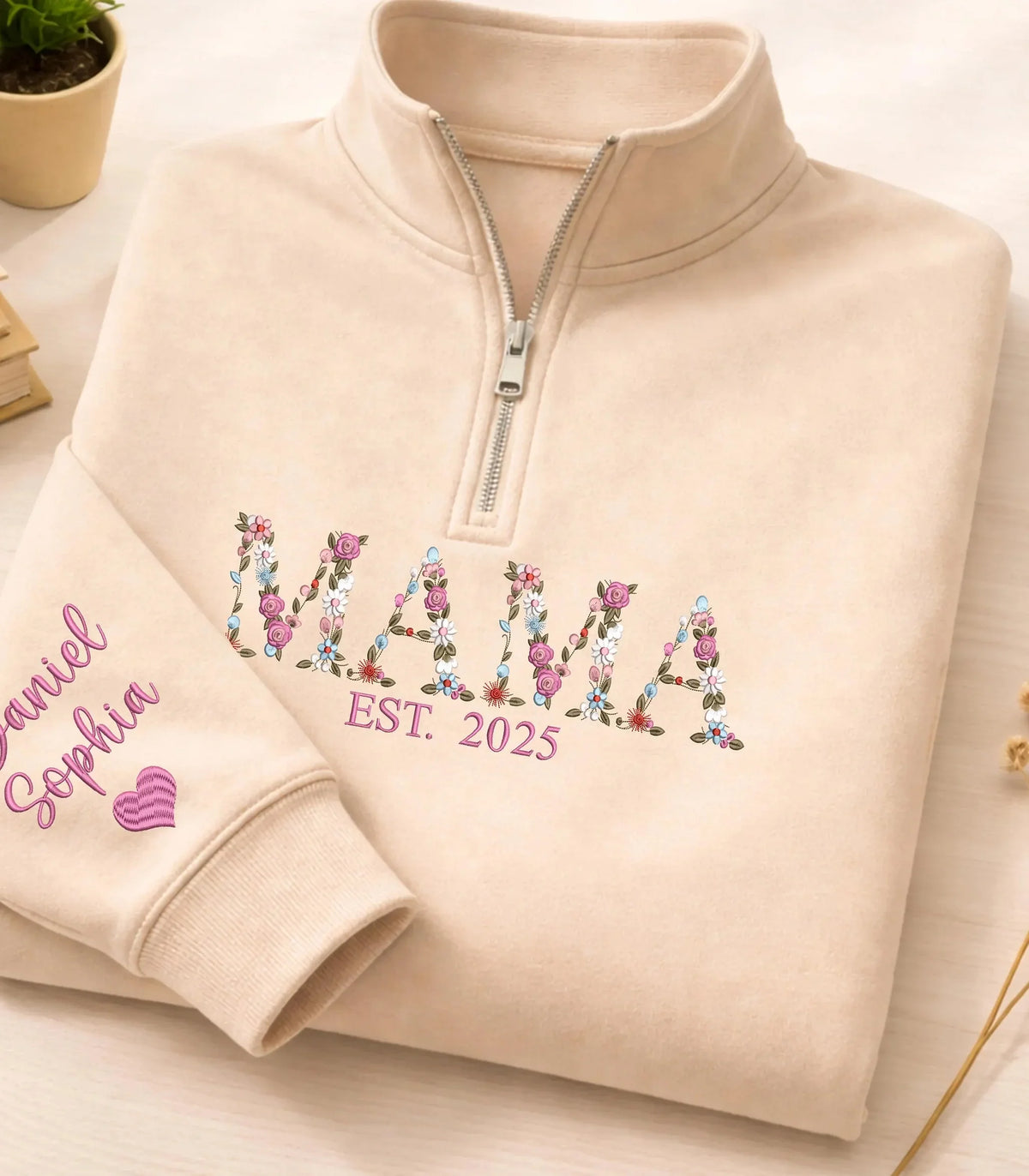 Embroidered Floral Mama Quarter Zip Sweatshirt with Names on Sleeve | Mother&