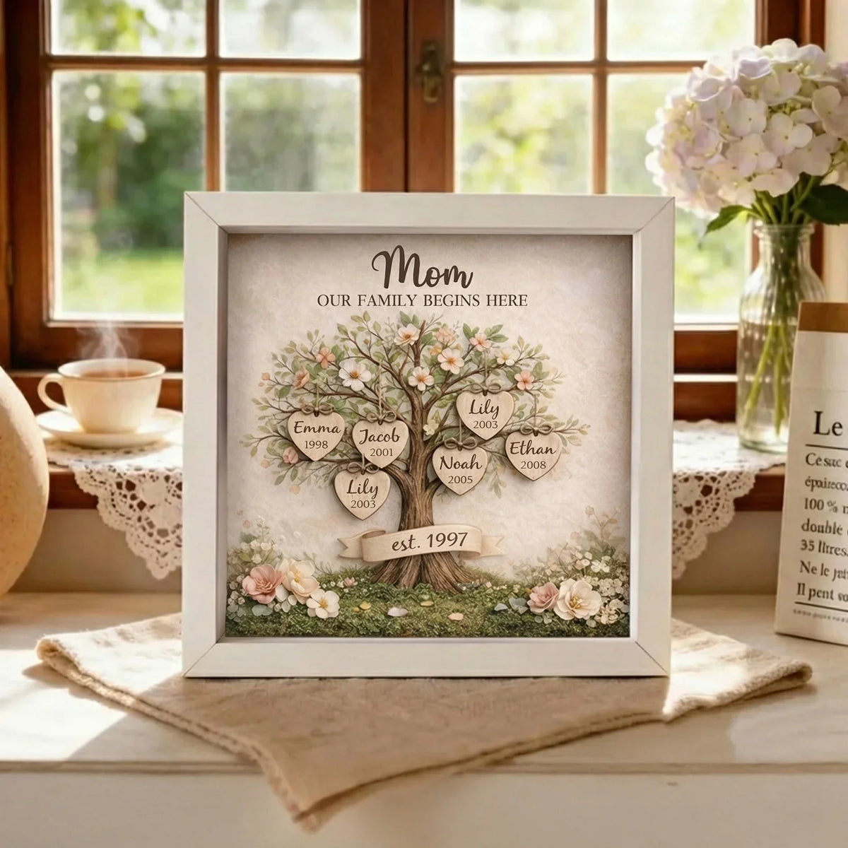 Personalized Mom Family Tree With Kids' Names Birth Years LED Light Shadow Box Wooden Ornament