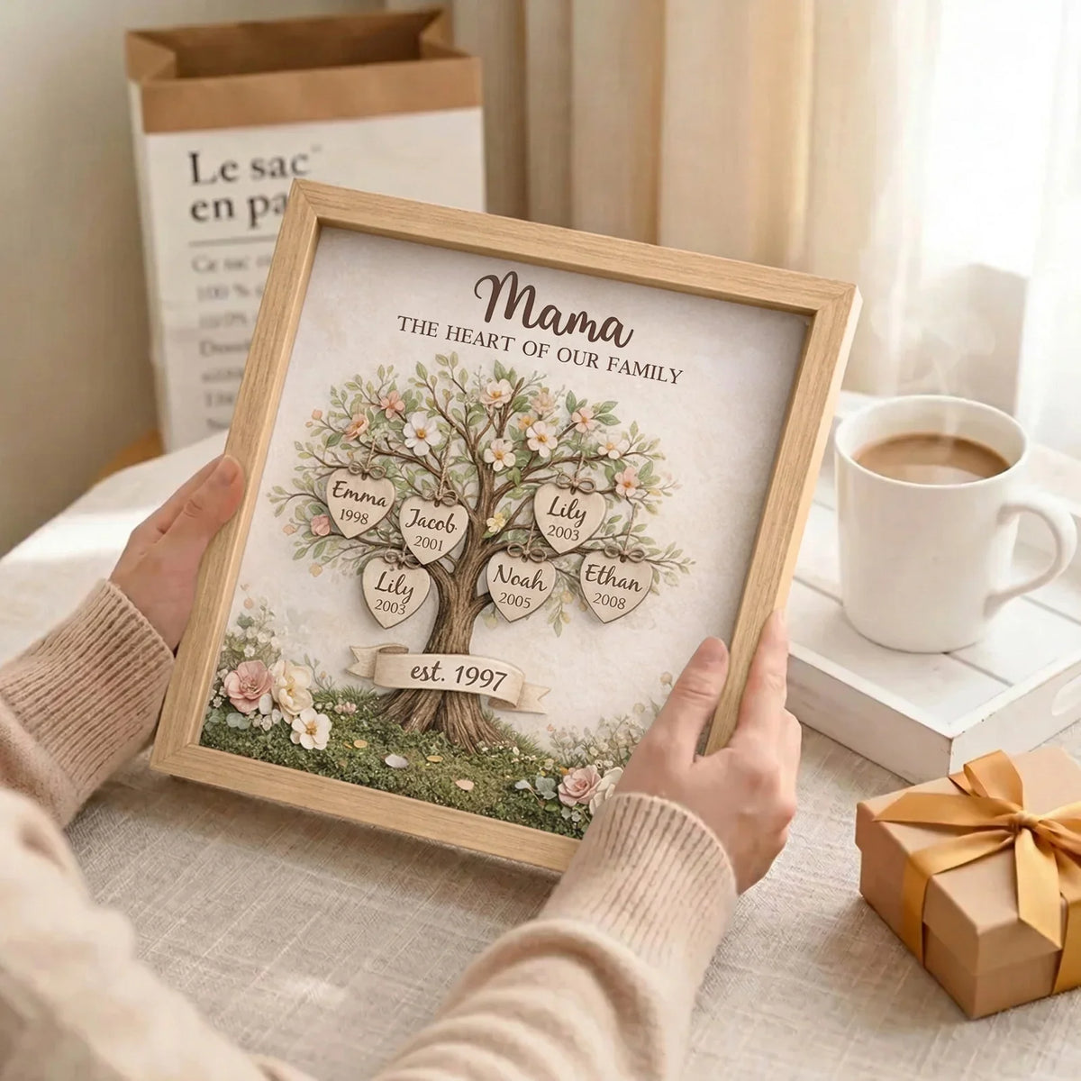 Personalized Mom Family Tree With Kids' Names Birth Years LED Light Shadow Box Wooden Ornament