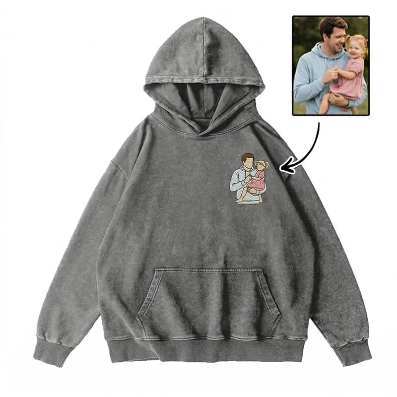 Custom Personalized Dad Portrait Embroidered Washed Sweatshirt, Hoodie &amp; T-Shirt