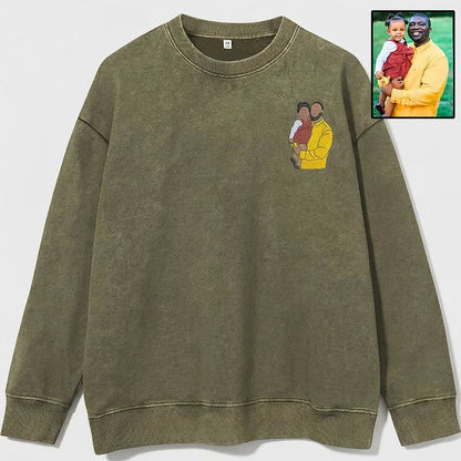 Custom Personalized Dad Portrait Embroidered Washed Sweatshirt, Hoodie &amp; T-Shirt