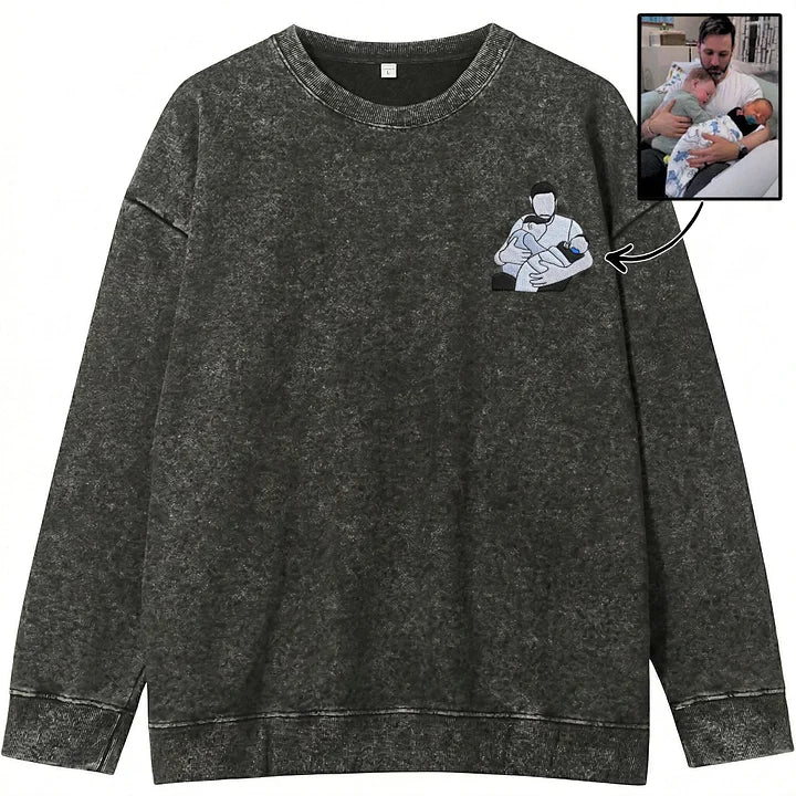 Custom Personalized Dad Portrait Embroidered Washed Sweatshirt, Hoodie &amp; T-Shirt
