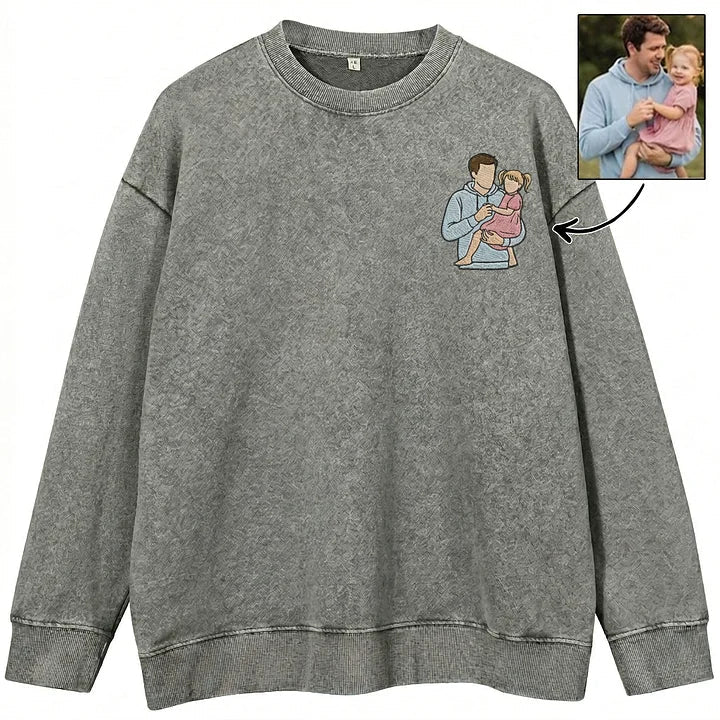 Custom Personalized Dad Portrait Embroidered Washed Sweatshirt, Hoodie &amp; T-Shirt