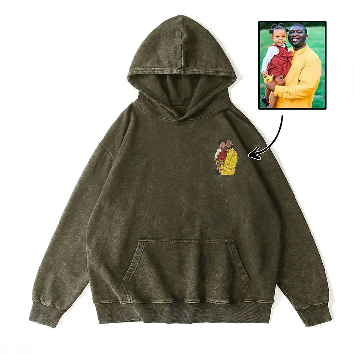 Custom Personalized Dad Portrait Embroidered Washed Sweatshirt, Hoodie &amp; T-Shirt
