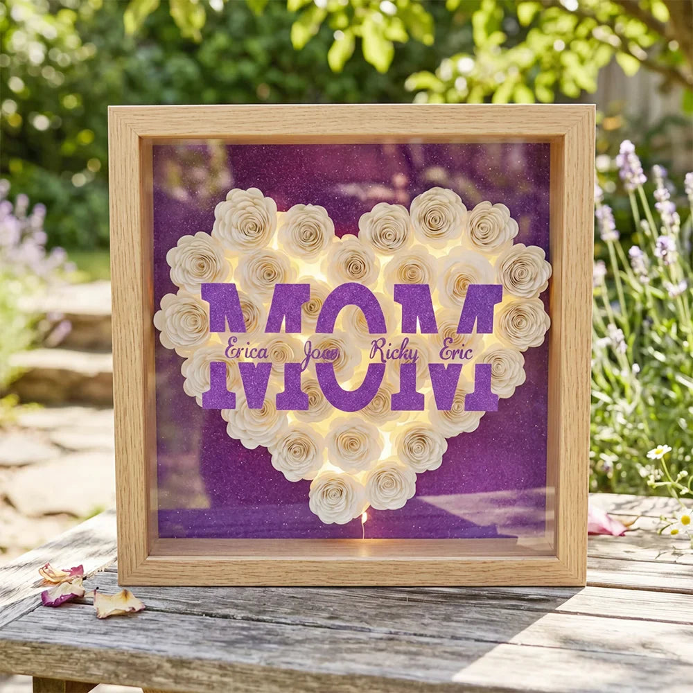 Custom Glitter MOM Nickname Flower Shadow Box With LED Light