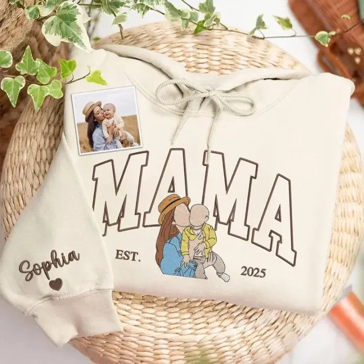 Custom Embroidered Sweatshirt with Mama and Kids Portrait | Mother&