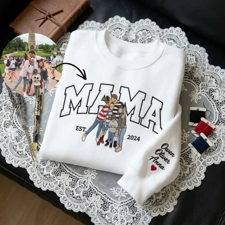 Custom Embroidered Sweatshirt with Mama and Kids Portrait | Mother&