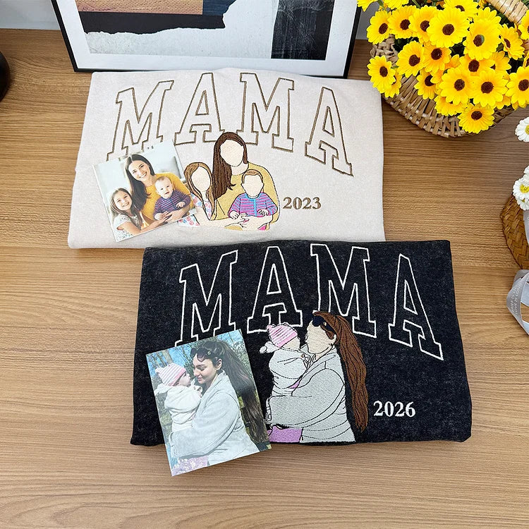 Custom Embroidered Sweatshirt with Mama and Kids Portrait | Mother&