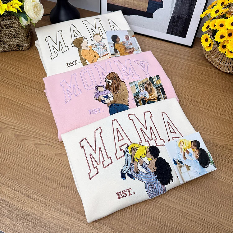 Custom Embroidered Sweatshirt with Mama and Kids Portrait | Mother&