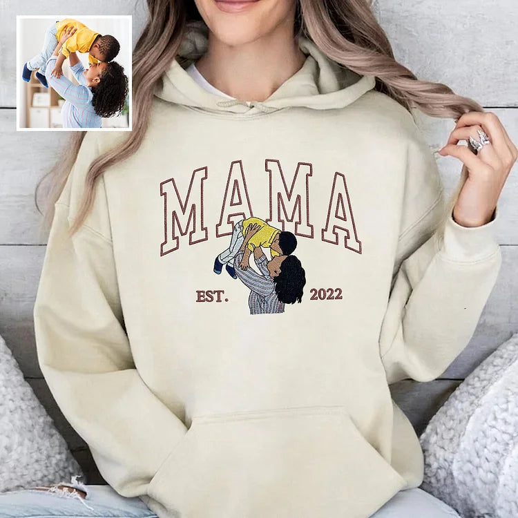 Custom Embroidered Sweatshirt with Mama and Kids Portrait | Mother&