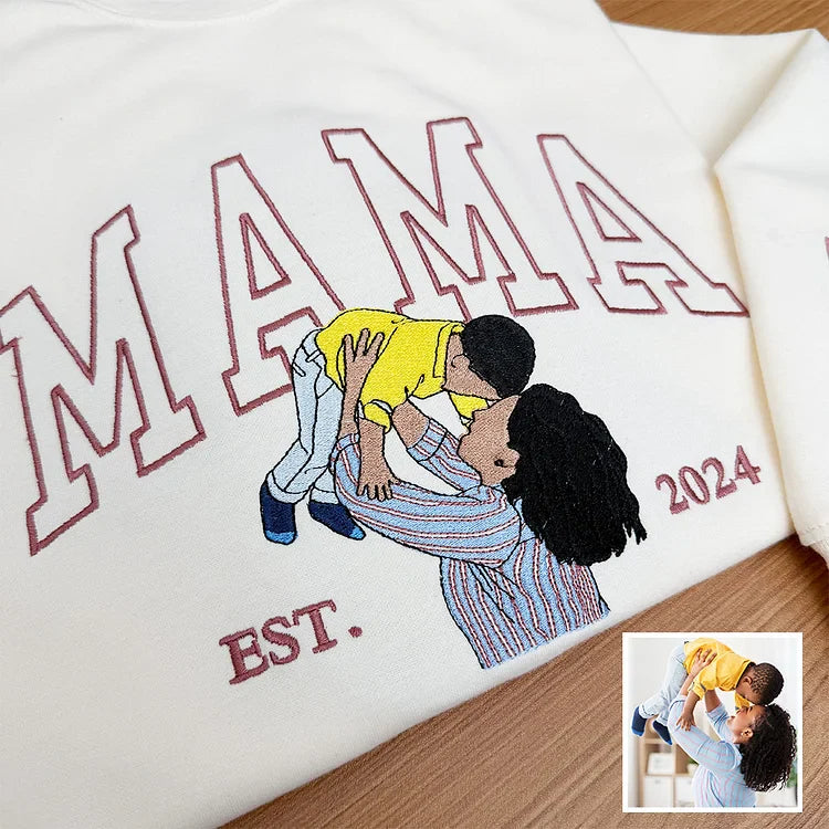 Custom Embroidered Sweatshirt with Mama and Kids Portrait | Mother&
