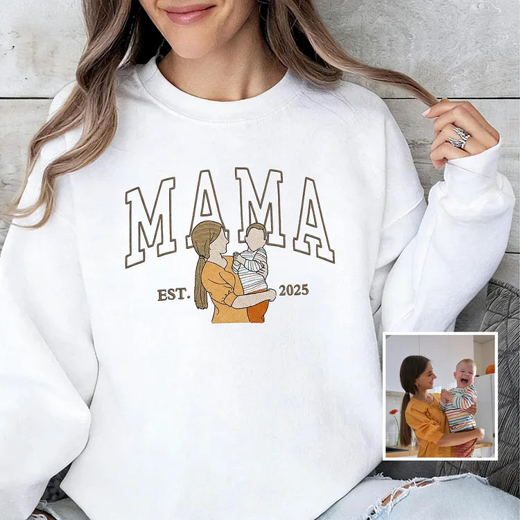 Custom Embroidered Sweatshirt with Mama and Kids Portrait | Mother&