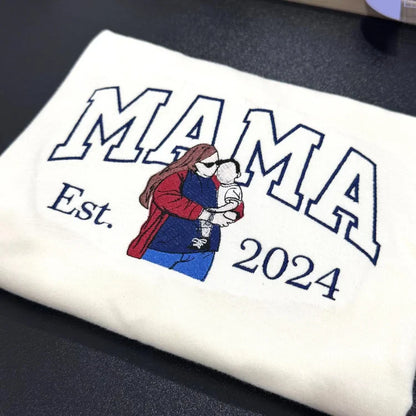 Custom Embroidered Sweatshirt with Mama and Kids Portrait | Mother&