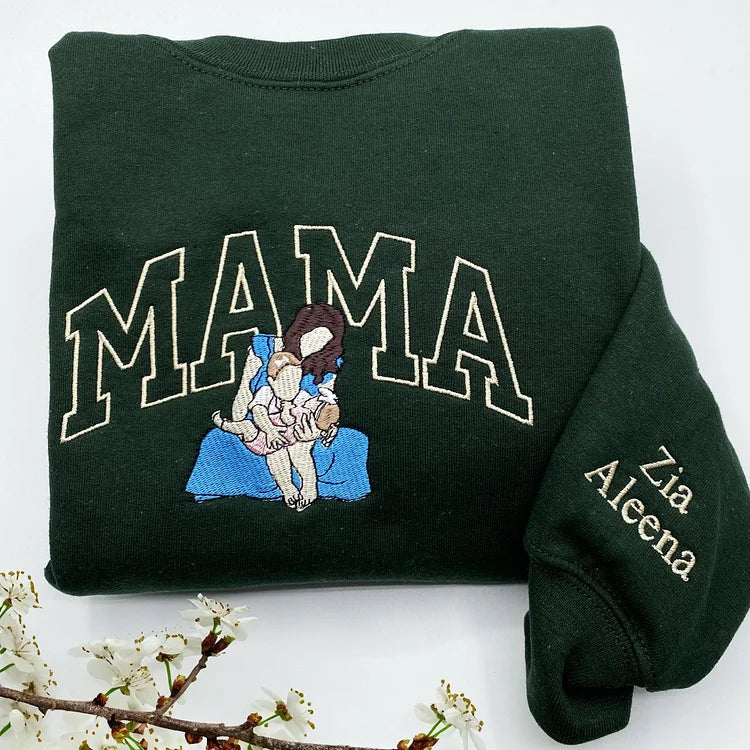 Custom Embroidered Sweatshirt with Mama and Kids Portrait | Mother&