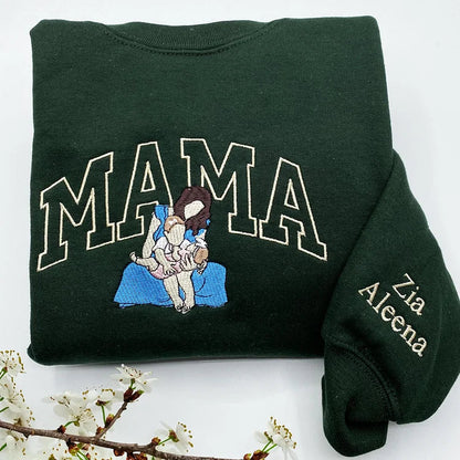 Custom Embroidered Sweatshirt with Mama and Kids Portrait | Mother&