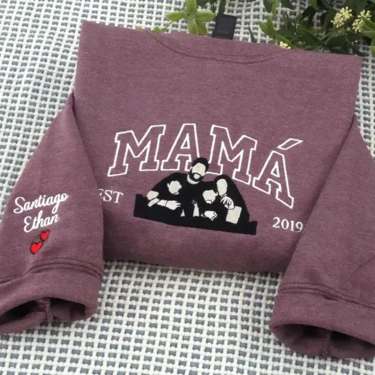 Custom Embroidered Sweatshirt with Mama and Kids Portrait | Mother&