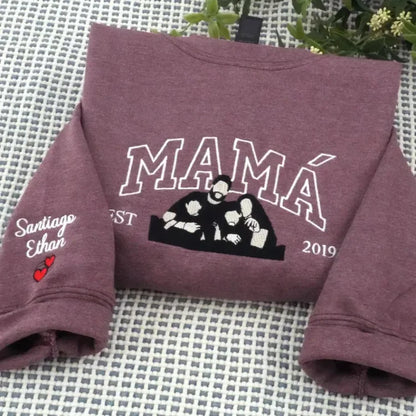Custom Embroidered Sweatshirt with Mama and Kids Portrait | Mother&