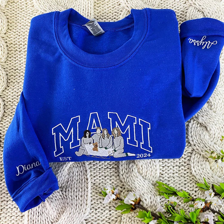 Custom Embroidered Sweatshirt with Mama and Kids Portrait | Mother&