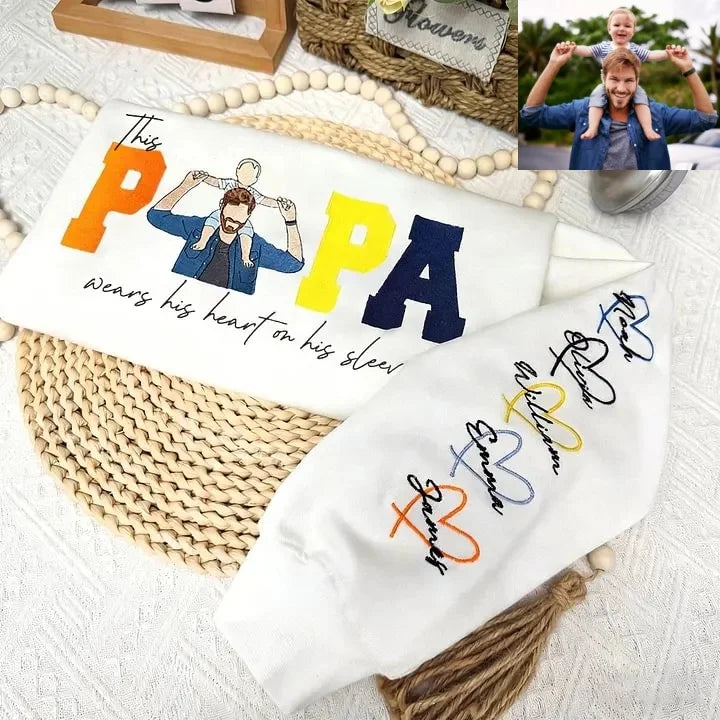 Custom Embroidered DAD Portrait Sweatshirt with Heart on Sleeve Fathers Day Gift for Dad