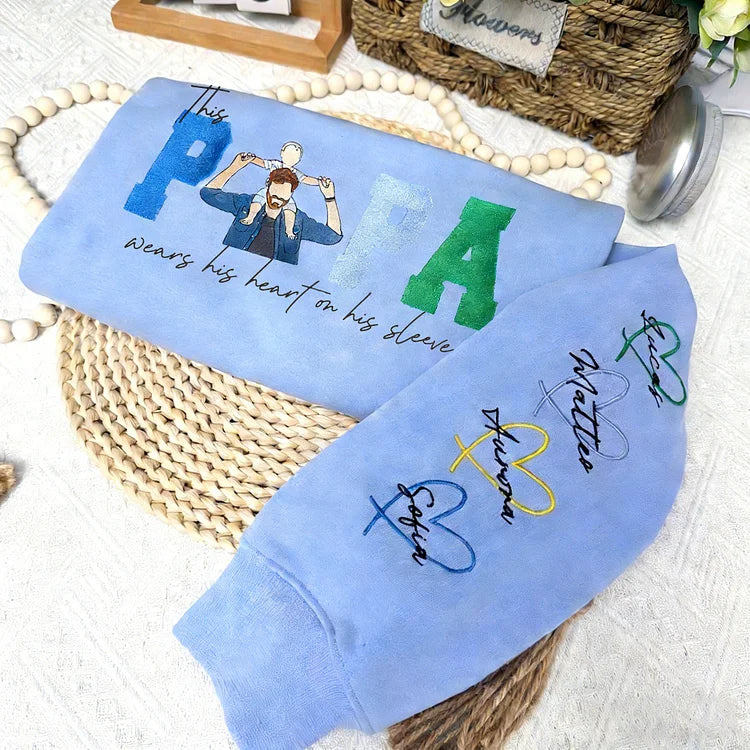 Custom Embroidered DAD Portrait Sweatshirt with Heart on Sleeve Fathers Day Gift for Dad