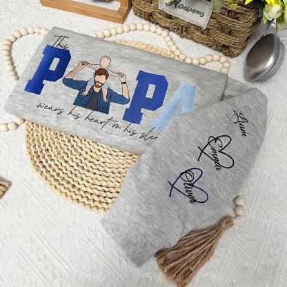 Custom Embroidered DAD Portrait Sweatshirt with Heart on Sleeve Fathers Day Gift for Dad