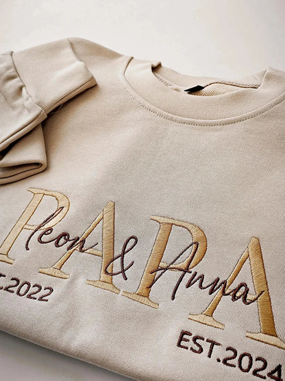 Custom Embroidered PAPA Est Sweatshirt with Kids' Names | Father's Day Gift