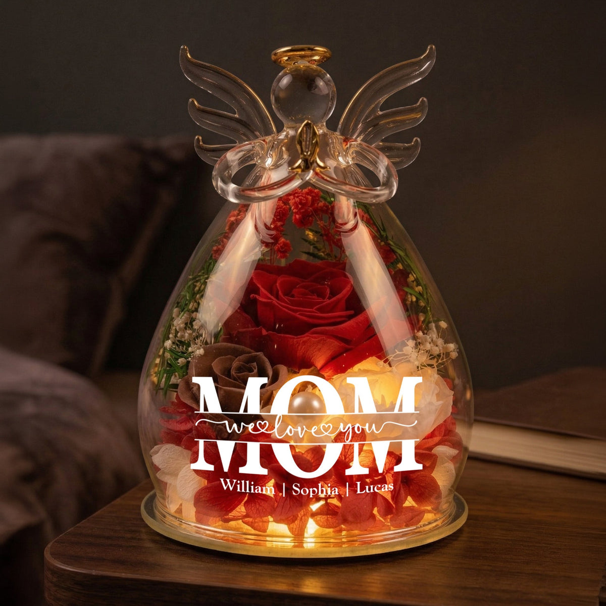 Mother’s Day Gifts, Personalized "Mom We Love You" Glass Angel Dome with Preserved Roses &amp; LED Light – Eternal Love Gift