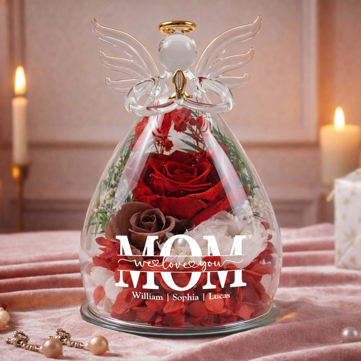 Mother’s Day Gifts, Personalized "Mom We Love You" Glass Angel Dome with Preserved Roses &amp; LED Light – Eternal Love Gift