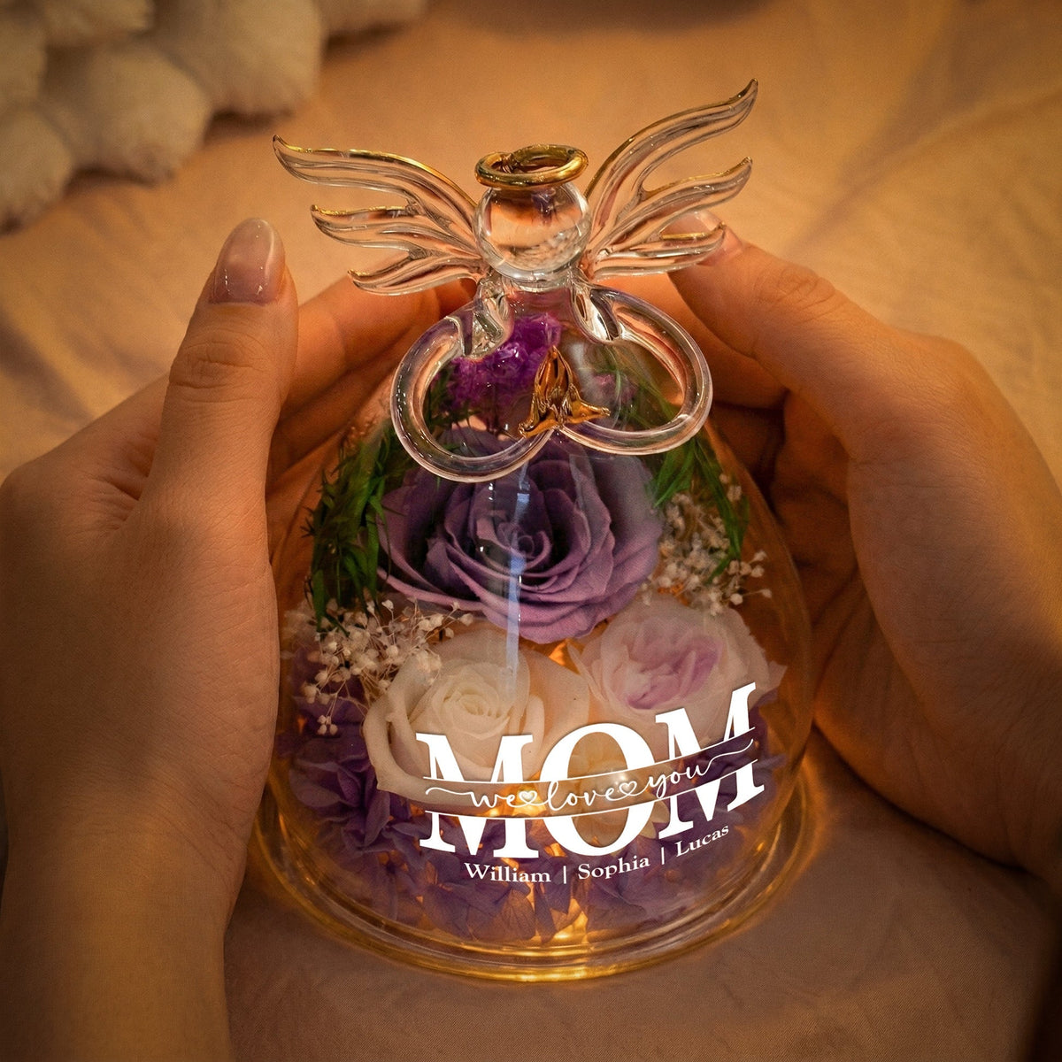 Mother’s Day Gifts, Personalized "Mom We Love You" Glass Angel Dome with Preserved Roses &amp; LED Light – Eternal Love Gift