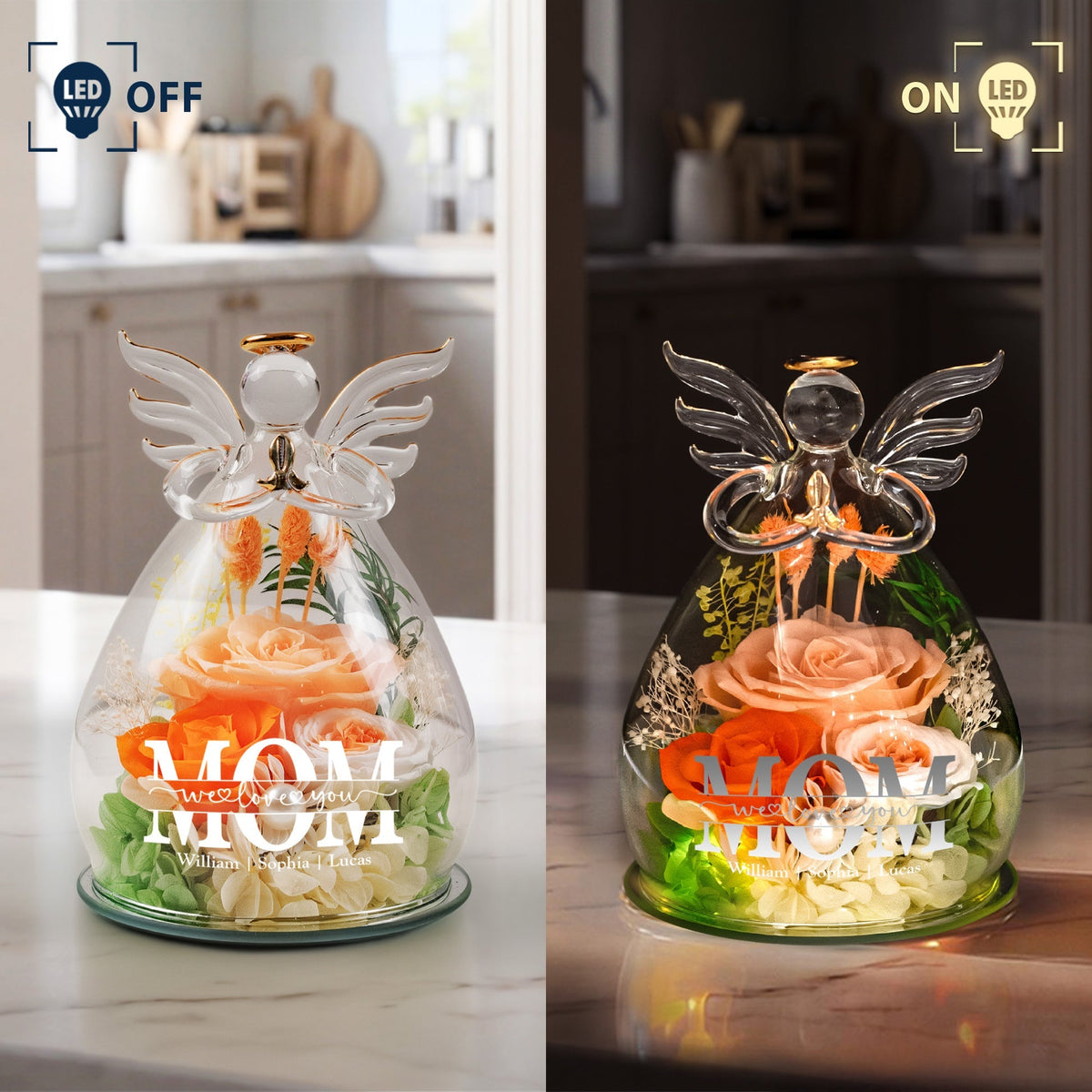 Mother’s Day Gifts, Personalized "Mom We Love You" Glass Angel Dome with Preserved Roses &amp; LED Light – Eternal Love Gift