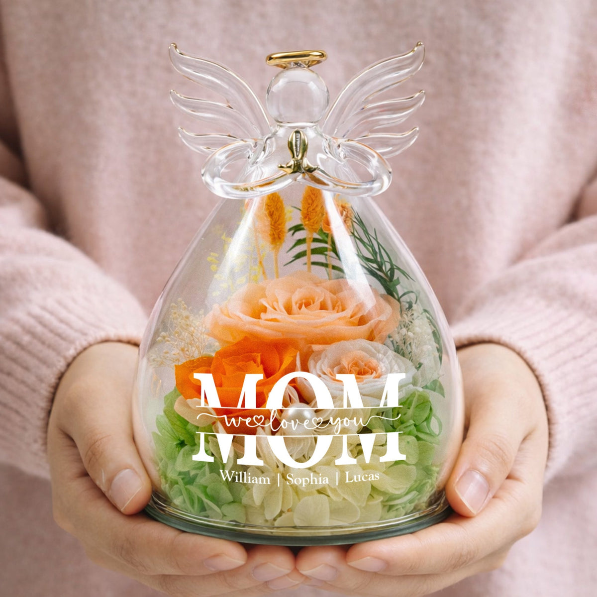 Mother’s Day Gifts, Personalized "Mom We Love You" Glass Angel Dome with Preserved Roses &amp; LED Light – Eternal Love Gift