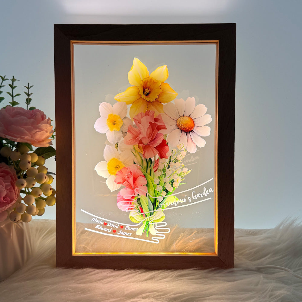 Custom Hug Birth Month Flower Bouquet with Names LED Night Light Frame | Mother&