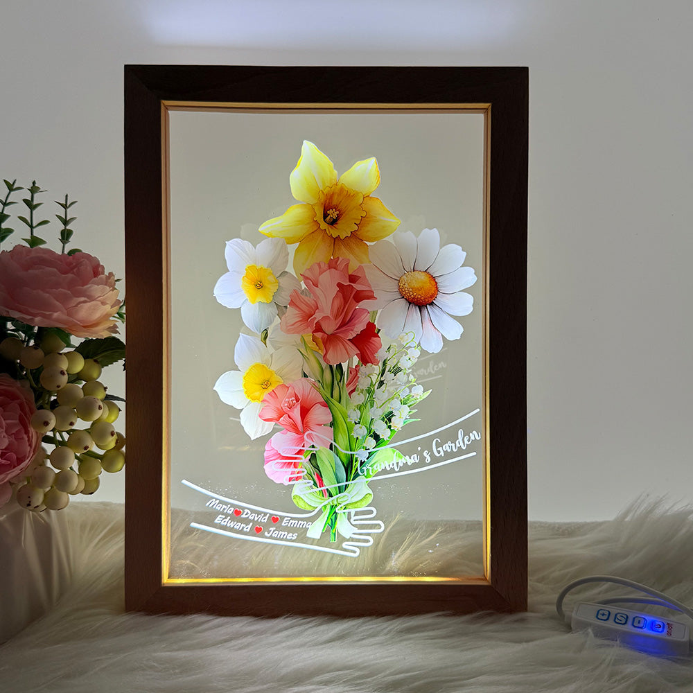 Custom Hug Birth Month Flower Bouquet with Names LED Night Light Frame | Mother&