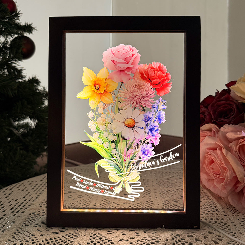 Custom Hug Birth Month Flower Bouquet with Names LED Night Light Frame | Mother&