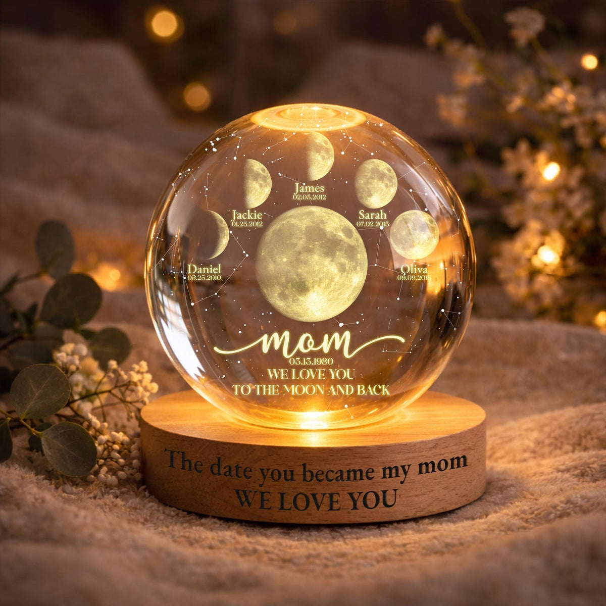 Personalized "To The Moon and Back" Moon Lamp for Mom – Custom 3D Crystal Night Light