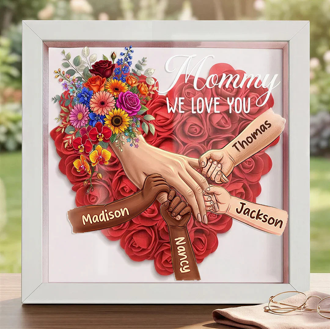 Personalized Mommy Holding Hands Shadow Box – Custom Mixed Skin Tone Hands &amp; Kids Names Floral Heart Frame | Mother’s Day Gift