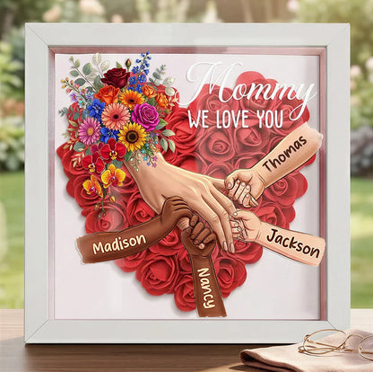 Personalized Mommy Holding Hands Shadow Box – Custom Mixed Skin Tone Hands &amp; Kids Names Floral Heart Frame | Mother’s Day Gift