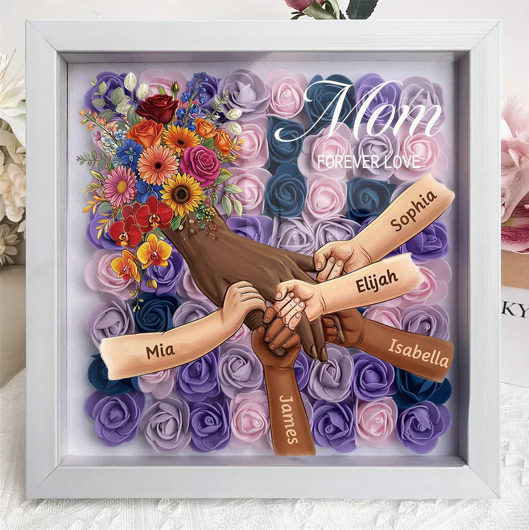 Personalized Mommy Holding Hands Shadow Box – Custom Mixed Skin Tone Hands &amp; Kids Names Floral Heart Frame | Mother’s Day Gift