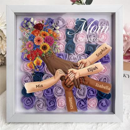 Personalized Mommy Holding Hands Shadow Box – Custom Mixed Skin Tone Hands &amp; Kids Names Floral Heart Frame | Mother’s Day Gift