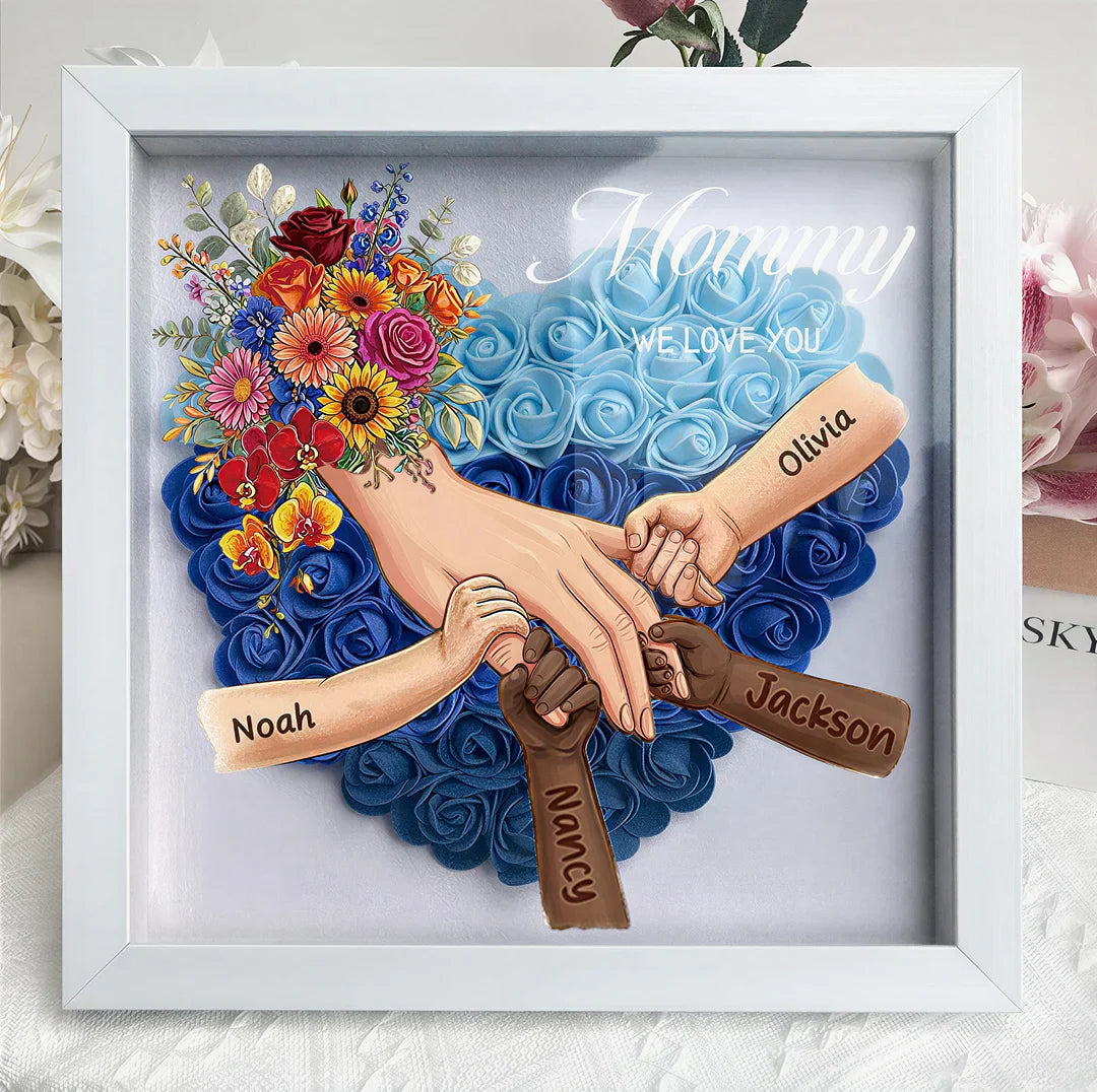 Personalized Mommy Holding Hands Shadow Box – Custom Mixed Skin Tone Hands &amp; Kids Names Floral Heart Frame | Mother’s Day Gift