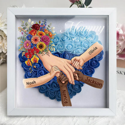 Personalized Mommy Holding Hands Shadow Box – Custom Mixed Skin Tone Hands &amp; Kids Names Floral Heart Frame | Mother’s Day Gift