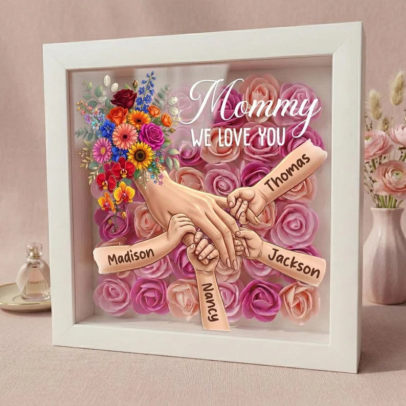 Personalized Mommy Holding Hands Shadow Box – Custom Mixed Skin Tone Hands &amp; Kids Names Floral Heart Frame | Mother’s Day Gift