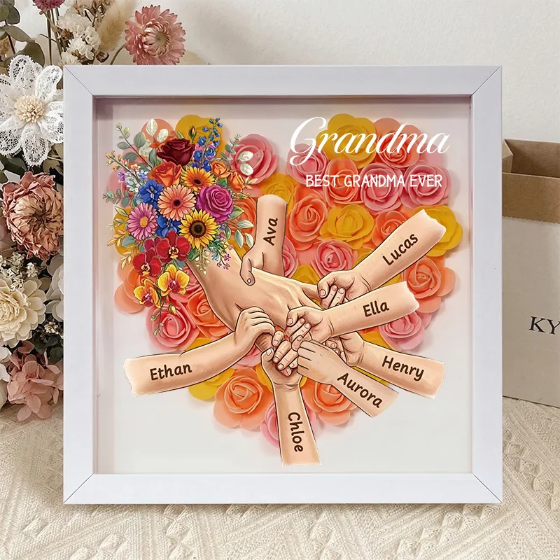 Personalized Mommy Holding Hands Shadow Box – Custom Mixed Skin Tone Hands &amp; Kids Names Floral Heart Frame | Mother’s Day Gift
