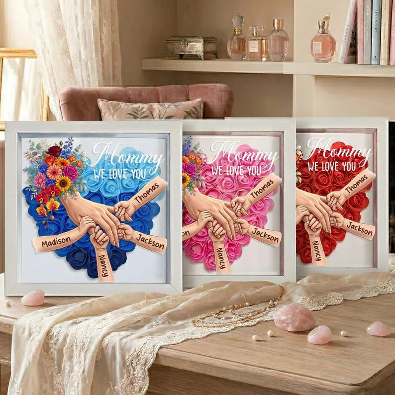 Personalized Mommy Holding Hands Shadow Box – Custom Mixed Skin Tone Hands &amp; Kids Names Floral Heart Frame | Mother’s Day Gift