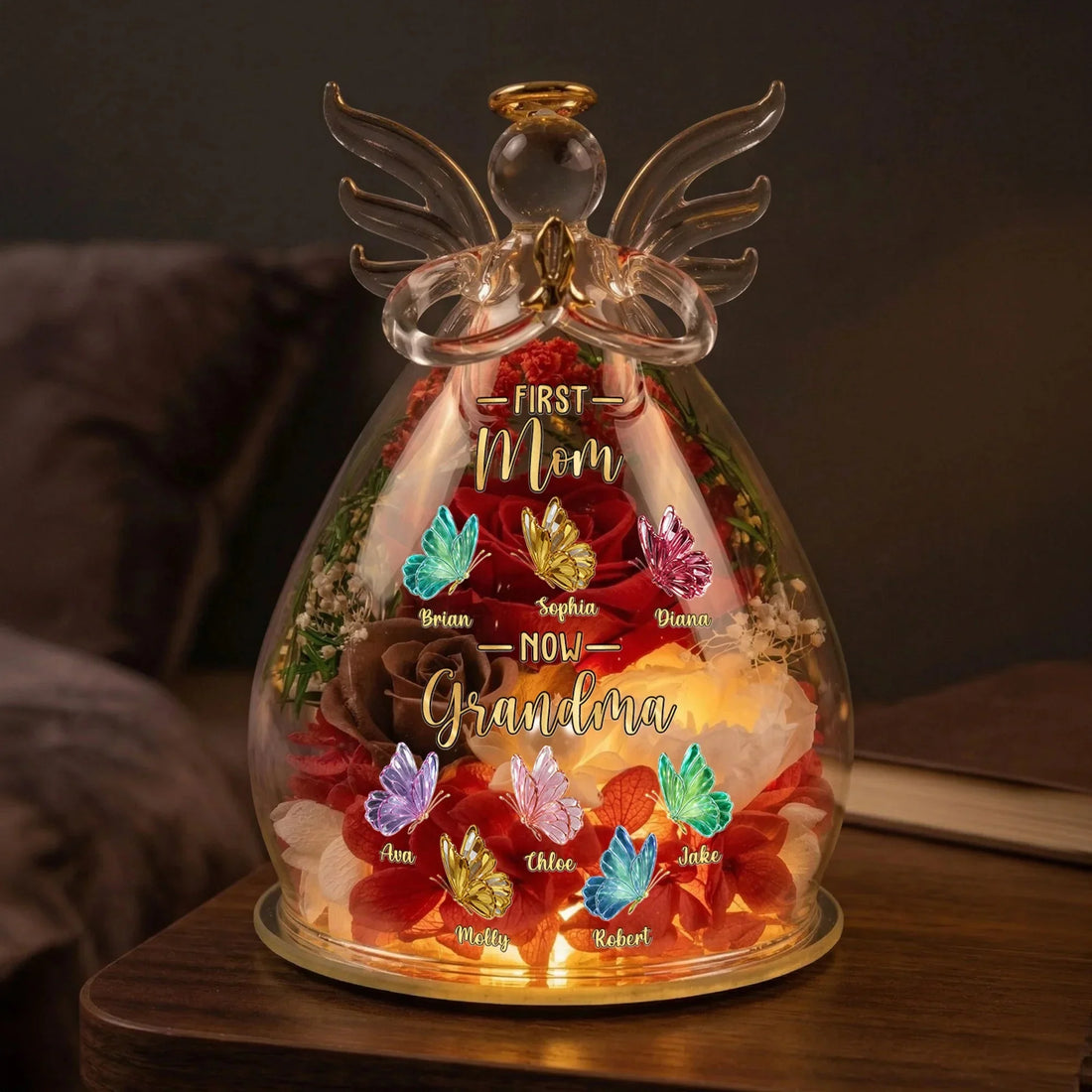 Personalized "First Mom, Now Grandma" Angel Figurine with Preserved Roses &amp; LED Light – Custom Mother&