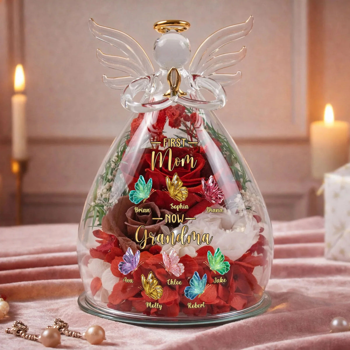 Personalized "First Mom, Now Grandma" Angel Figurine with Preserved Roses &amp; LED Light – Custom Mother&