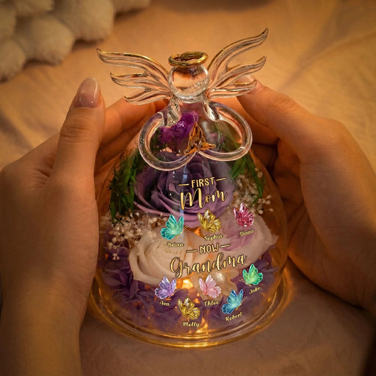 Personalized "First Mom, Now Grandma" Angel Figurine with Preserved Roses &amp; LED Light – Custom Mother&